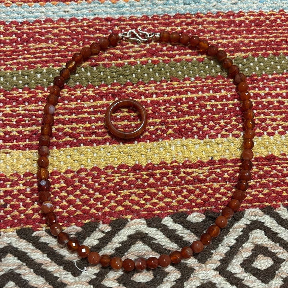 Carnelian - Faceted Bead Necklace w/ Sterling Clasp and Polished Ring Size 7 1/4